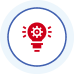 Red light bulb icon with rays showing light is on inside a blue-rimmed circle on a white background