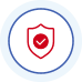 Red shield icon with check mark in the middle inside a blue-rimmed circle on a white background