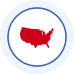 Red map of the continental united states inside a blue-rimmed circle on a white background