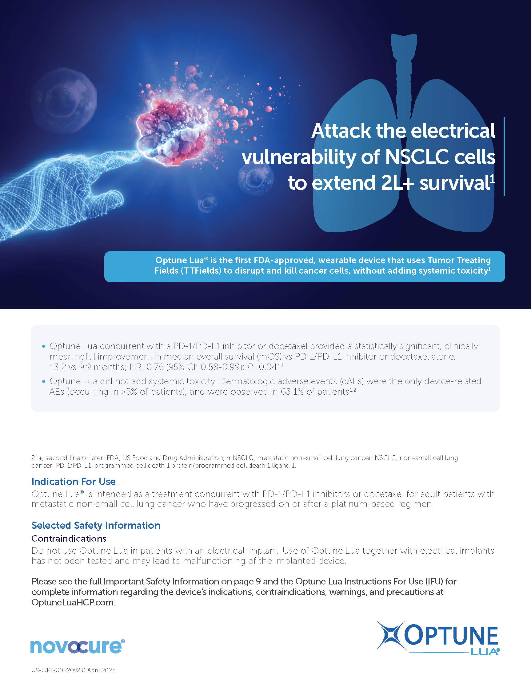 Optune Lua NSCLC Summary Brochure PDF, detailing mechanism of action, efficacy, and quality of life data