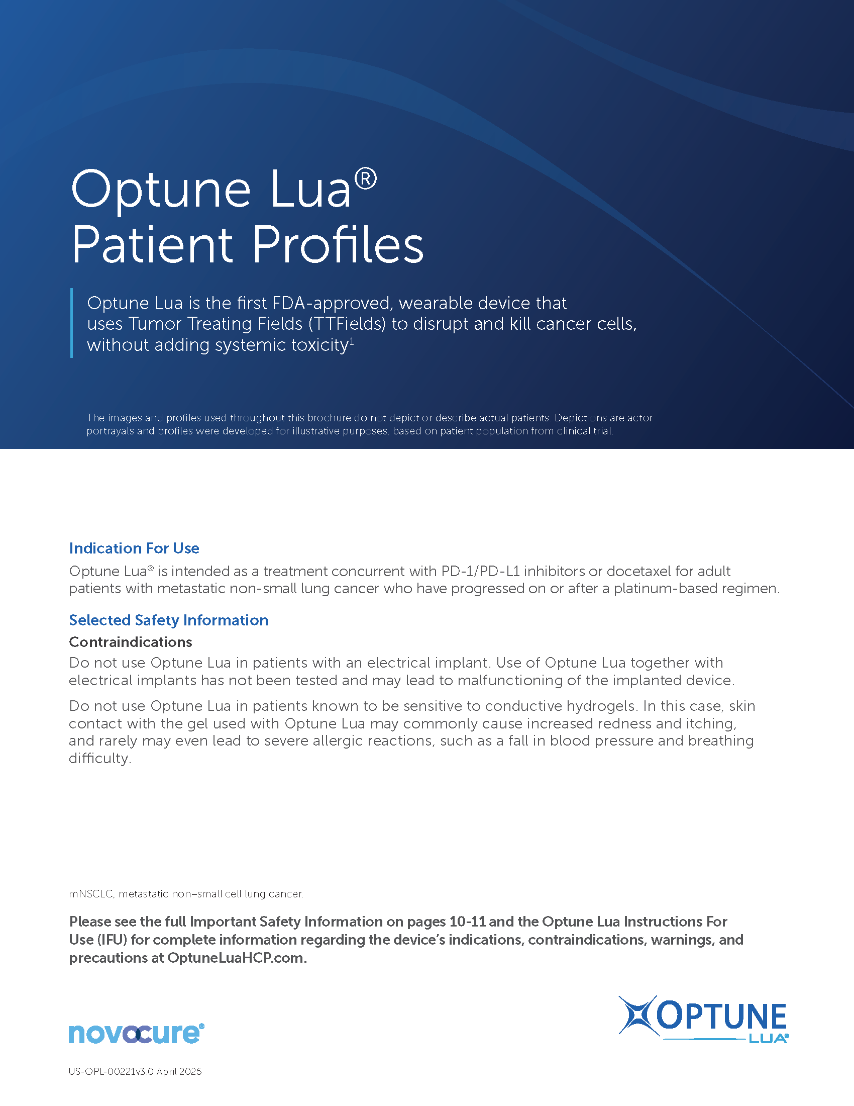 Patient Profiles Brochure PDF for 2L+ mNSCLC patients benefiting from Optune Lua